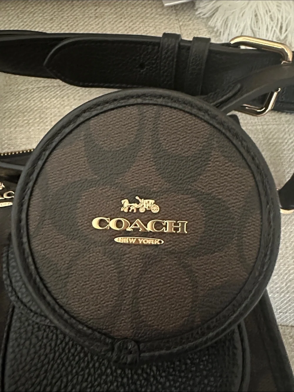 Coach Brown Signature Canvas Crossbody with Black Leather Pockets and Coin Pouch